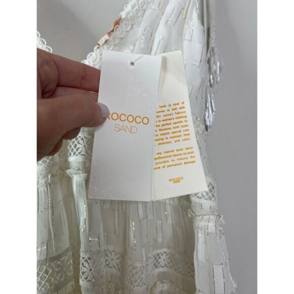 Rococo Sand Fil Coupe Tiered Eyelets Metallic Lace Mini Dress White Size: XS - Picture 4 of 9